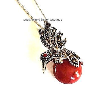 Hummingbird Necklace 19" Cubic Zirconia Marcasite Silver Rhodium Plated Red 19"